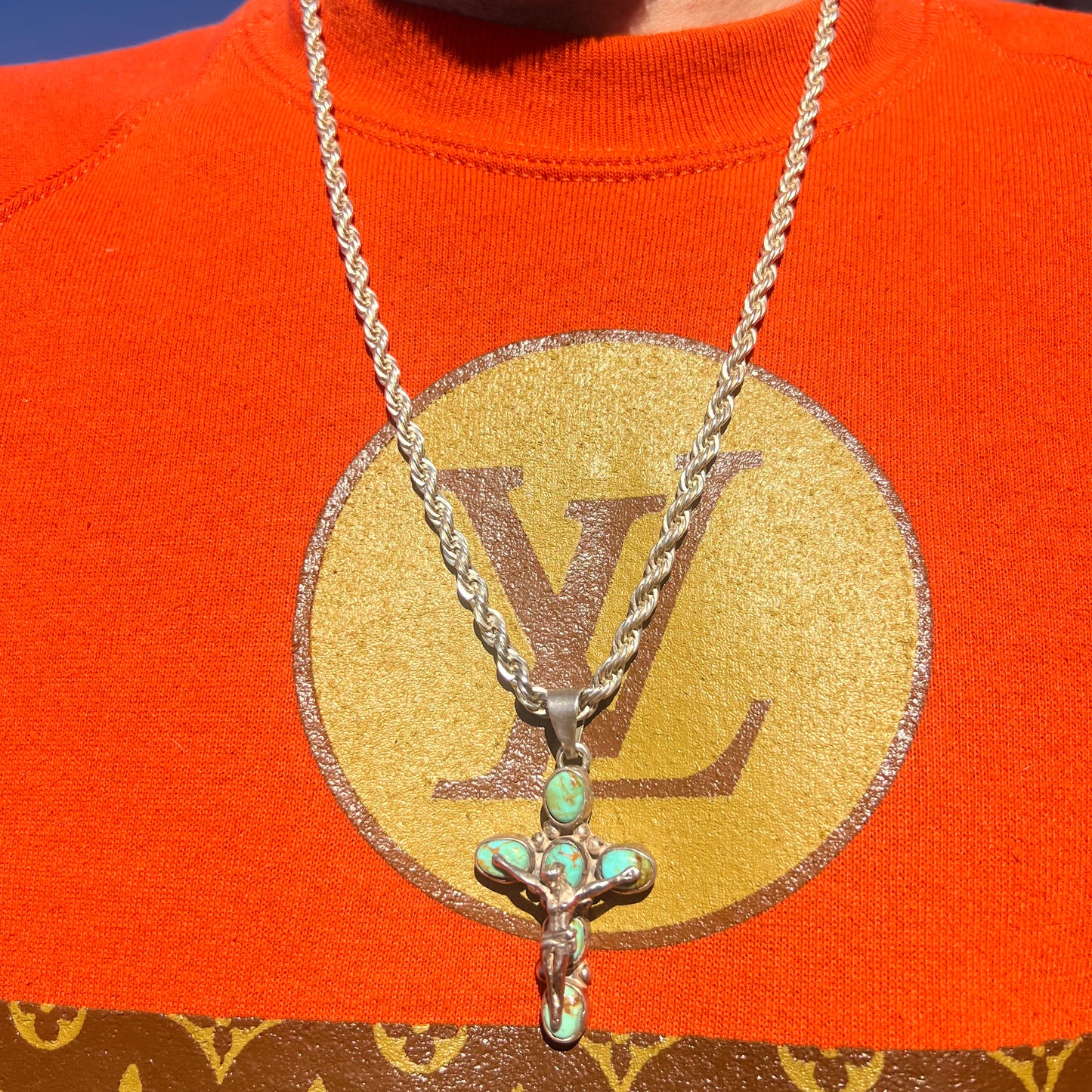 1930’s Sterling/.980 Southwestern Turquoise Cabochon Crucifix