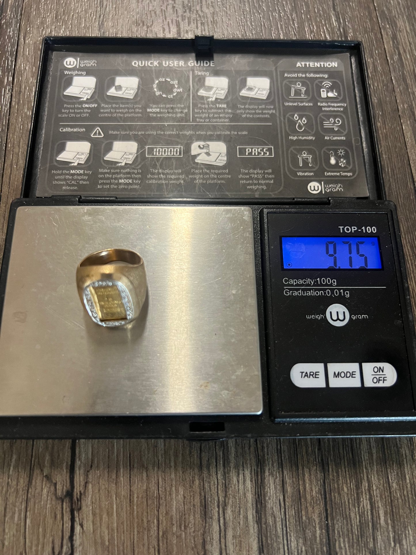Vintage 24 Karat Gold Credit Suisse Bar and 14 Karat Yellow Gold Diamond Signet Ring