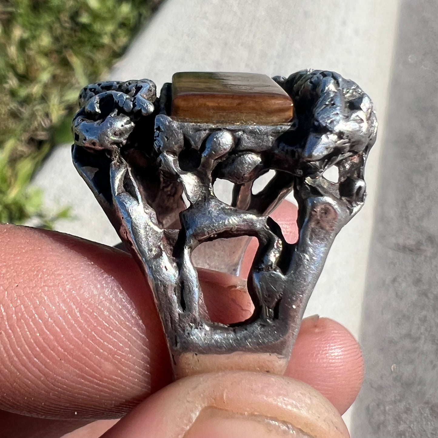 Mid Century Sterling Tigers Eye Coyote And Diamondback Rattle Snake Ring