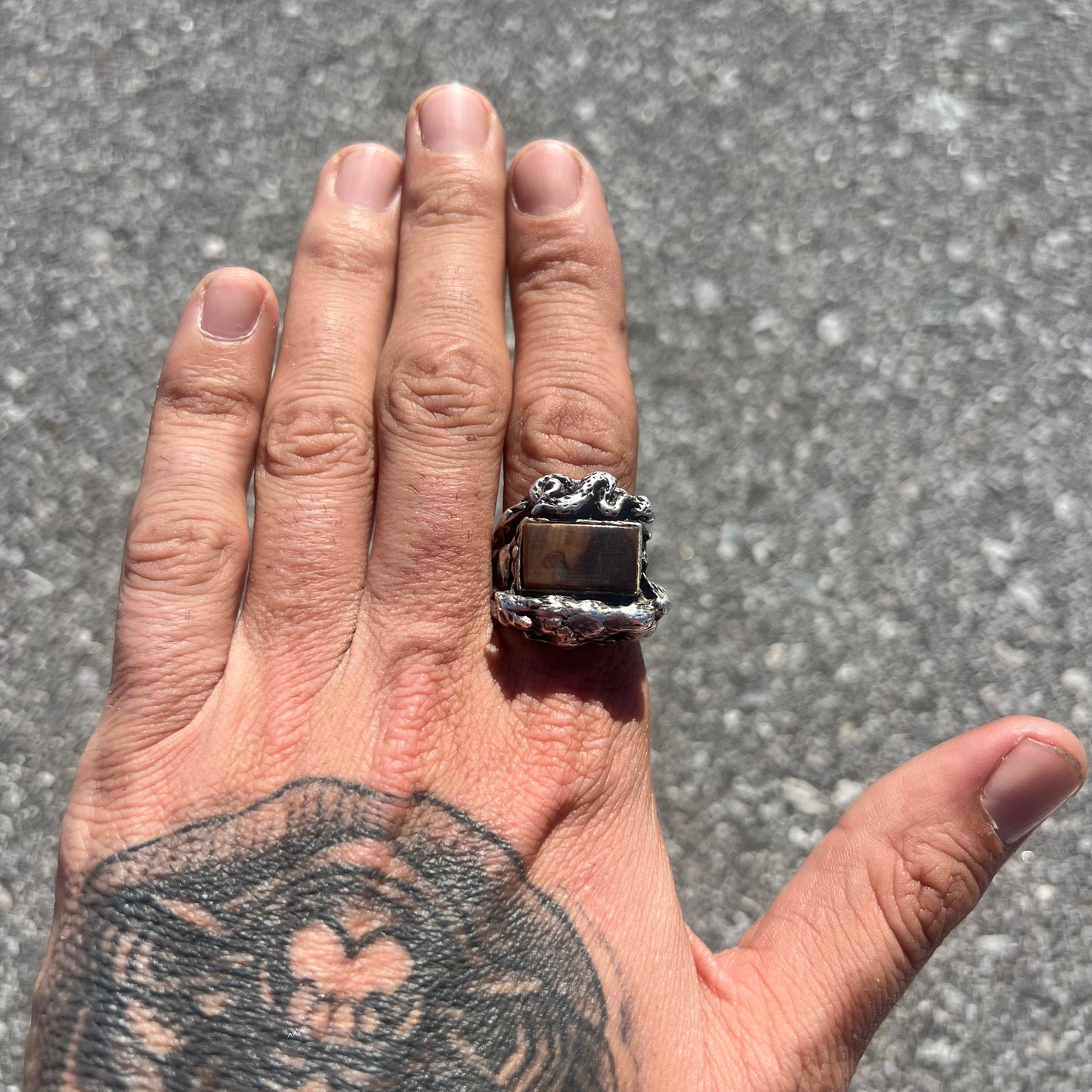 Mid Century Sterling Tigers Eye Coyote And Diamondback Rattle Snake Ring
