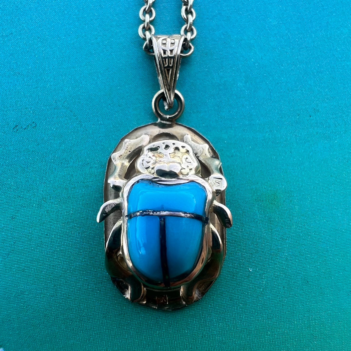 Vintage 18k Turquoise Egyptian Hallmarked Scarab Beetle Pendant