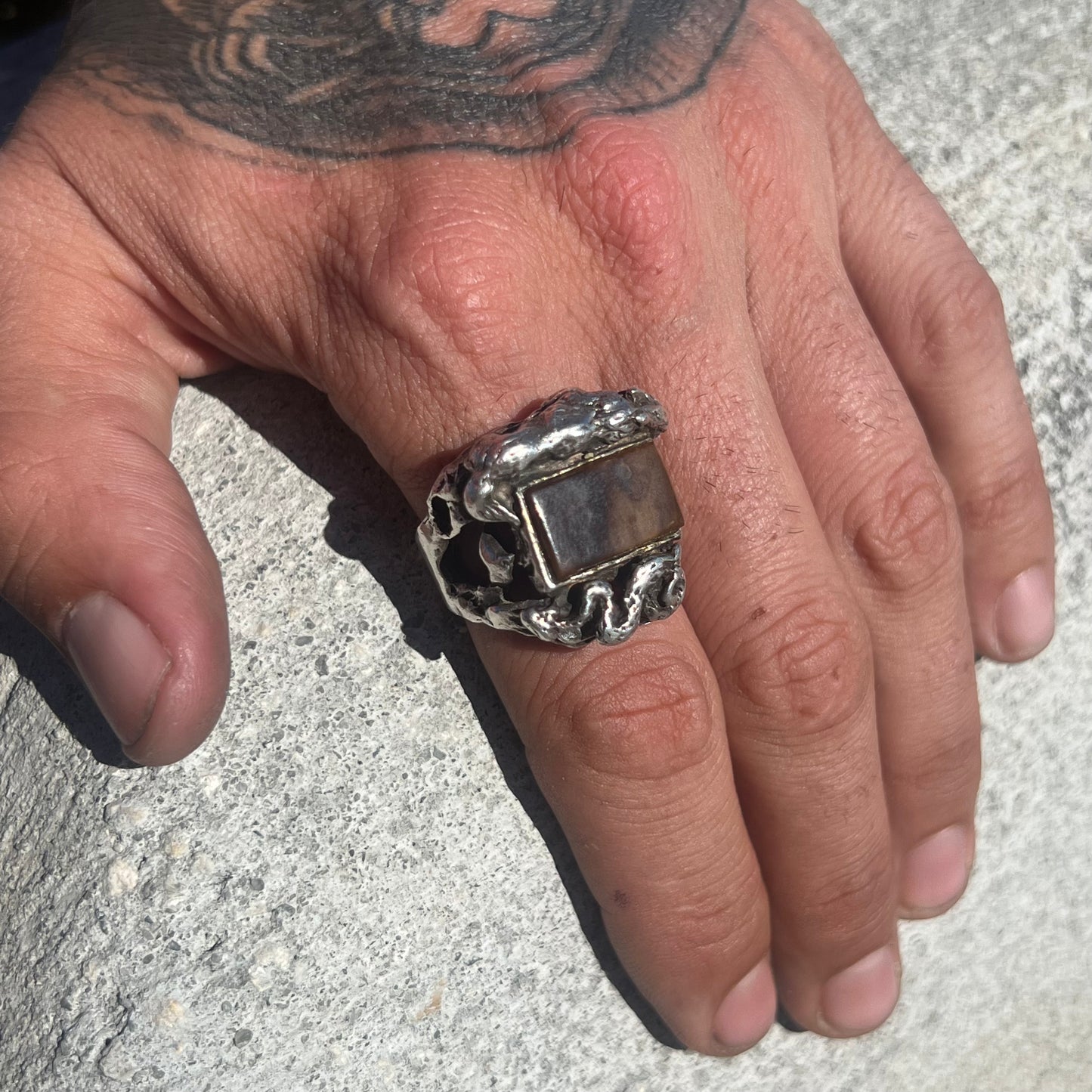 Mid Century Sterling Tigers Eye Coyote And Diamondback Rattle Snake Ring