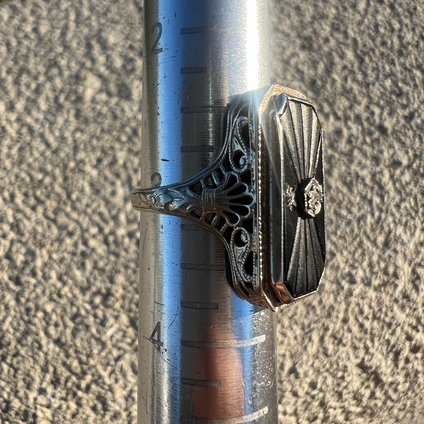 Art Deco 14k White Gold Carved Black Onyx Ring