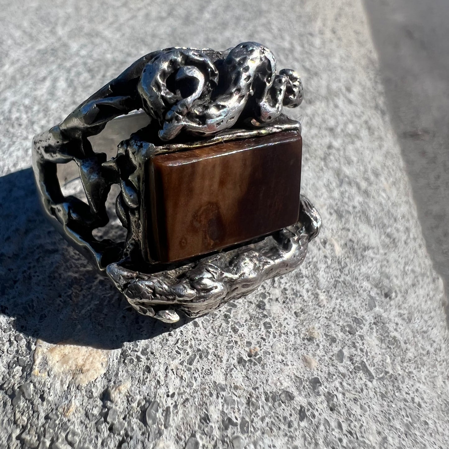 Mid Century Sterling Tigers Eye Coyote And Diamondback Rattle Snake Ring
