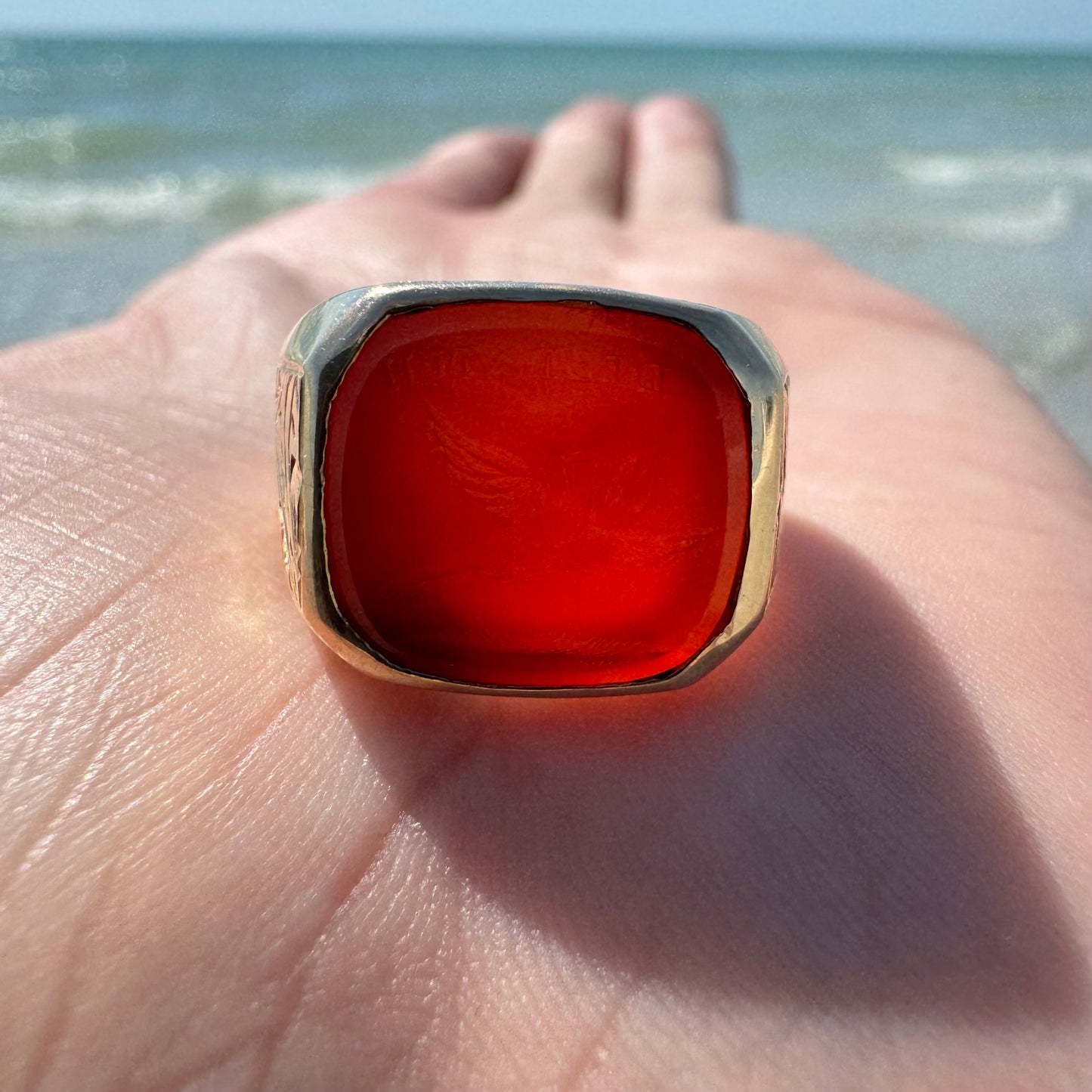 1800’s Victorian 14k Yellow Gold Carnelian Intaglio “Dispatch” Pigeon Post Signet Ring (7-7.5)