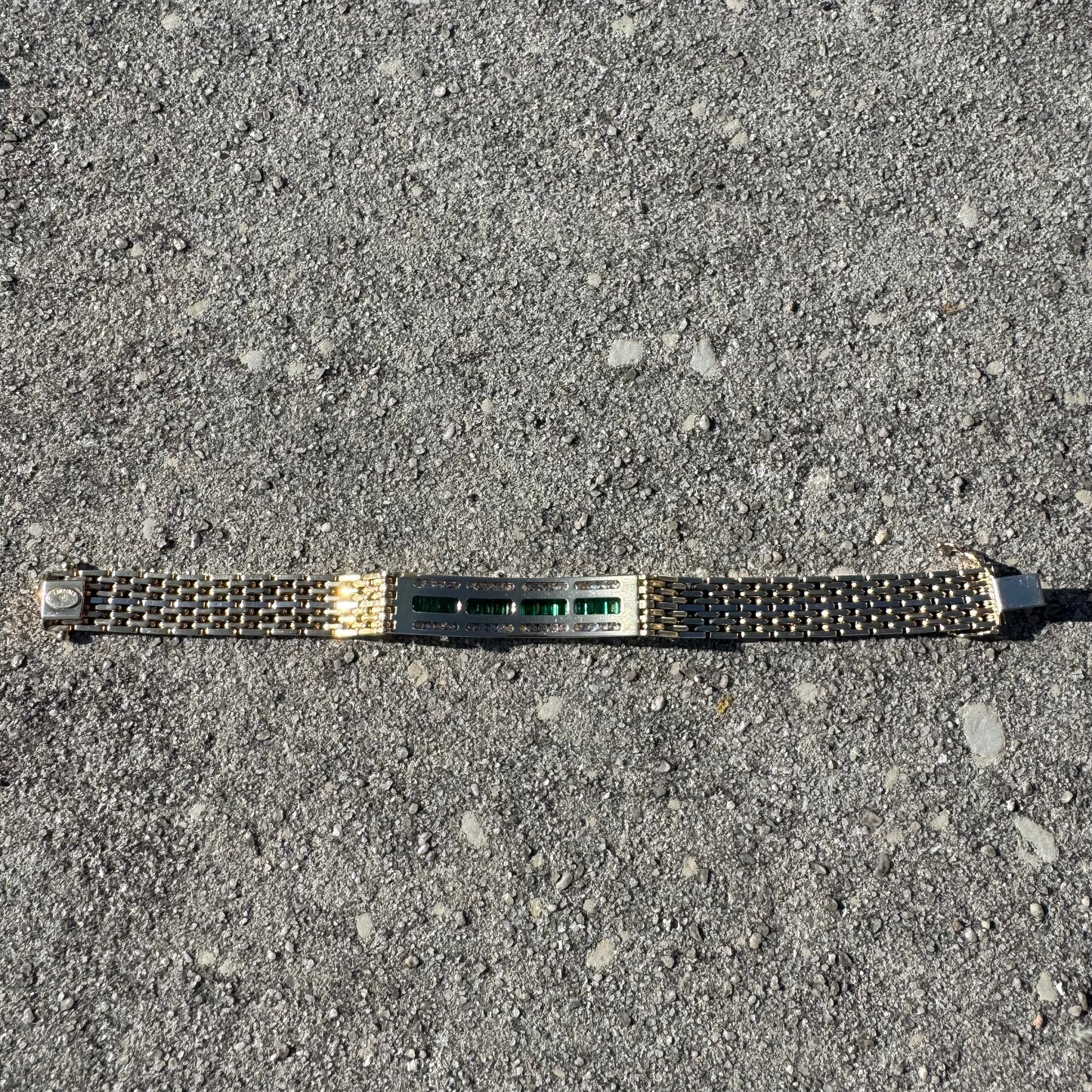 Vintage Heavyweight Solid 14k Yellow Gold 4ctw Natural Emerald And Diamond Panther Link ID Bracelet (7.75”)