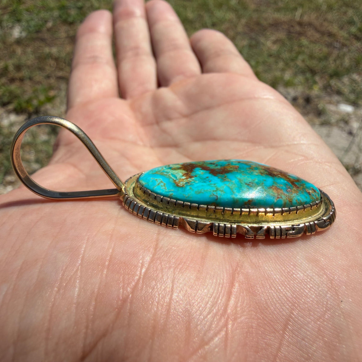 Vintage Solid 14k Yellow Gold Large “Pilot Mountain” Turquoise Pendant Navajo Artist Signed Leonard Nez