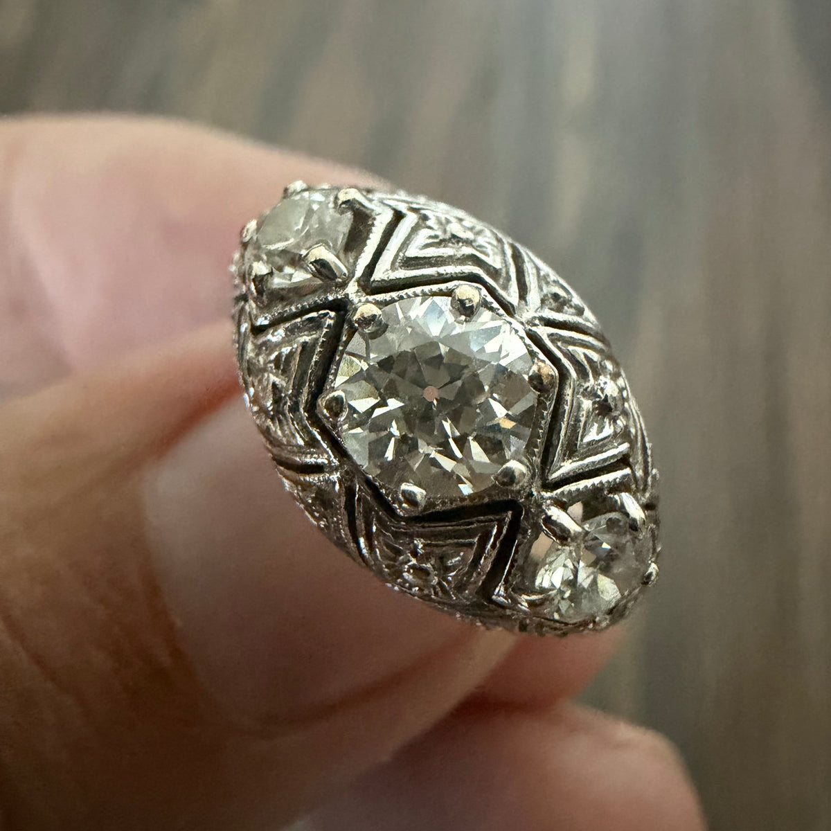 Art Deco Solid Platinum 1.0ctw Natural Old Euro Cut Diamond Trilogy Dome Ring (6.5)