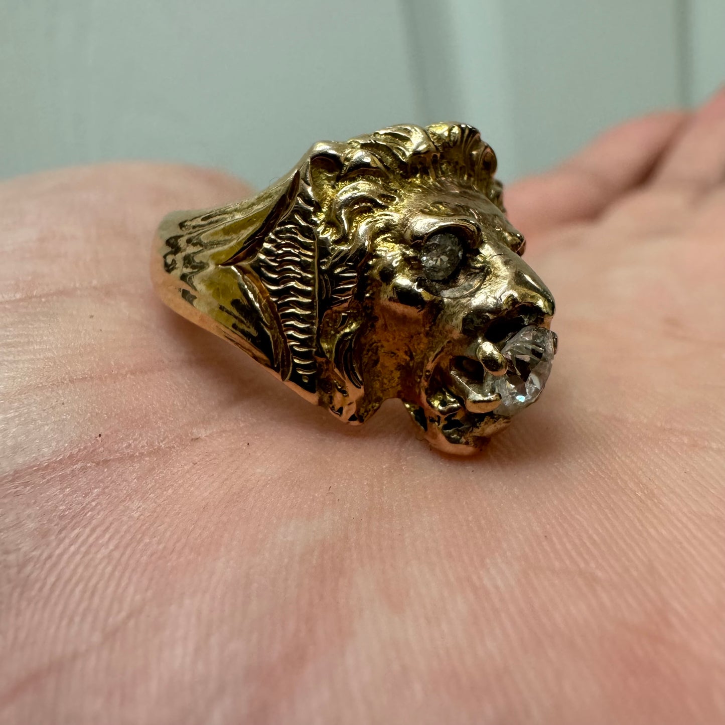 Victorian Era Solid 14k Yellow Gold .50Ct Natural Old Euro Cut Diamond Lion Ring (7.5)