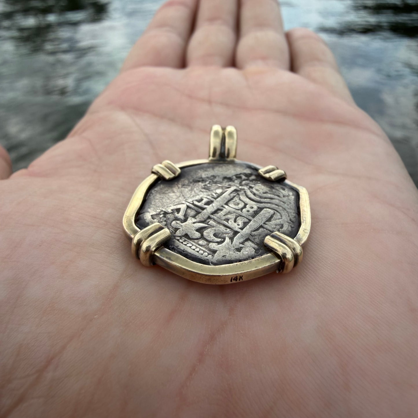 1680 Potosi V Bolivia Silver 2 Reale Coin Vintage Custom 14k Yellow Gold Pendant