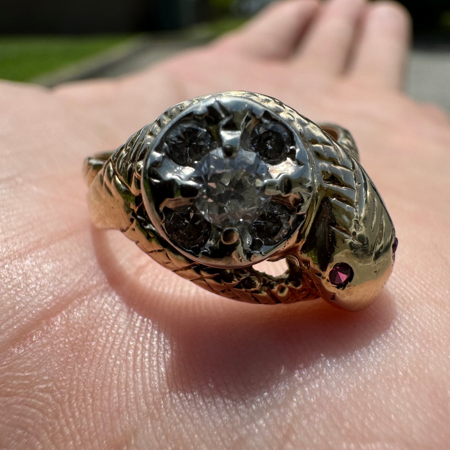 Mid-Century 10k Yellow Gold .45CTW Old Euro Cut Natural Diamond Cluster Snake Ring (8)