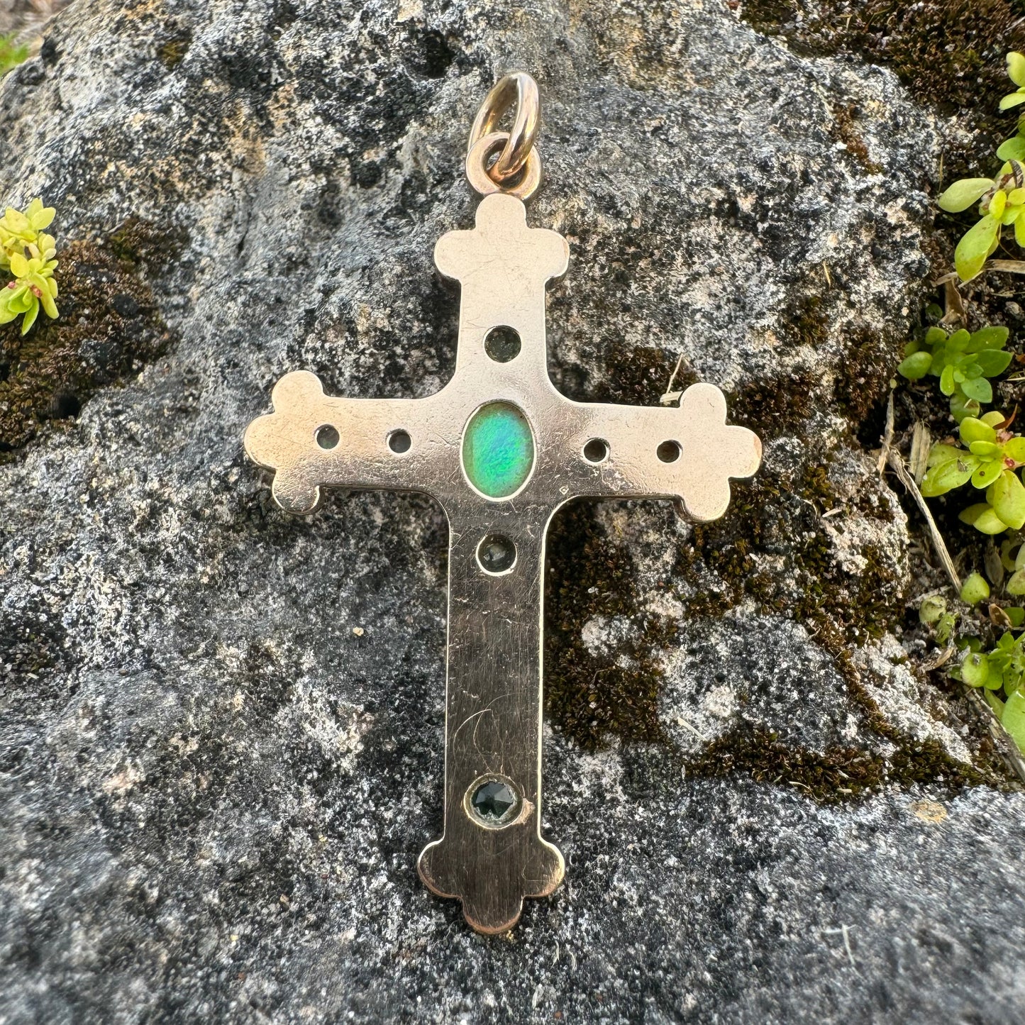 Victorian Solid 14k Gold Rose Cut Diamond, Emerald, Opal Byzantine Cross Pendant