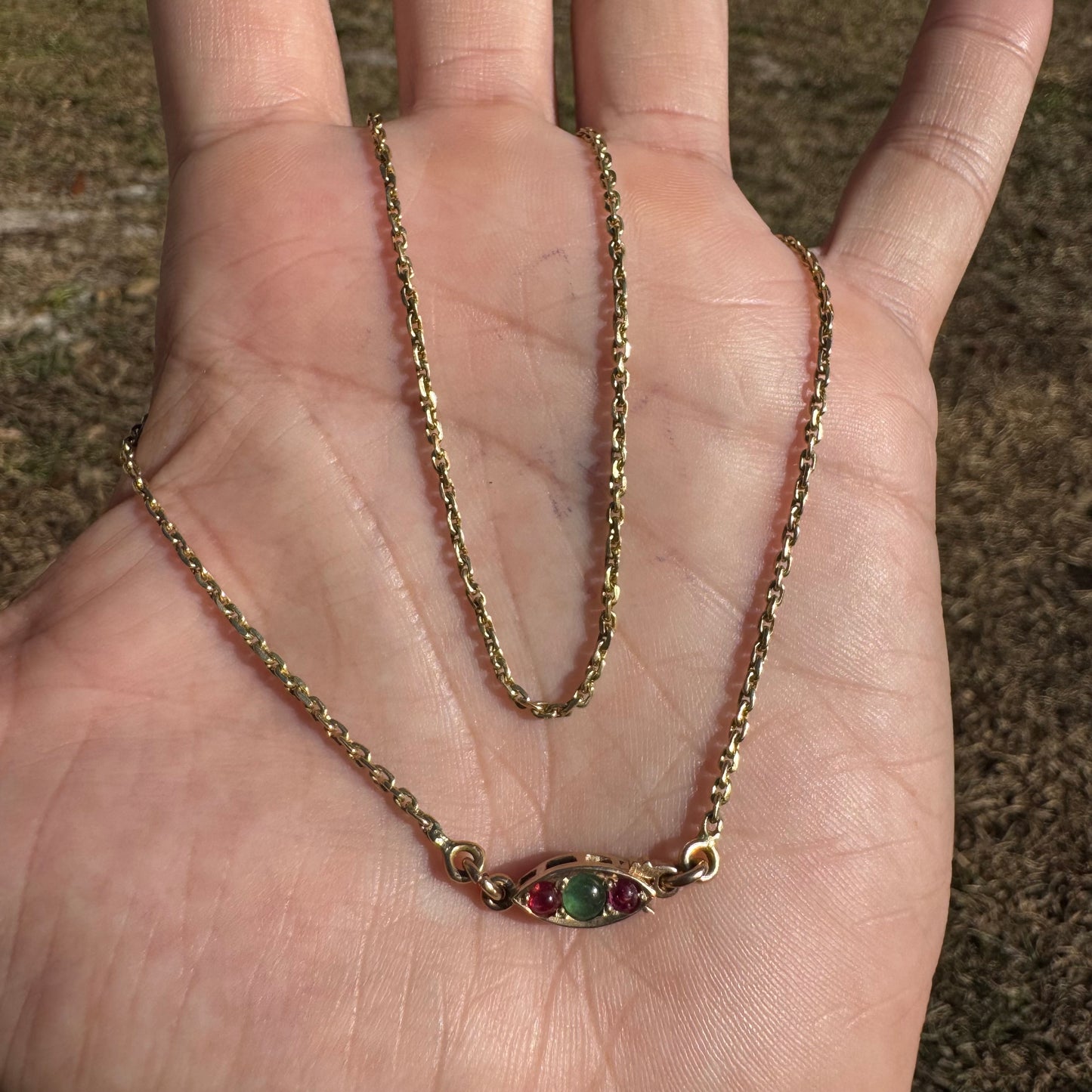 Antique Solid 14k Yellow Gold Natural Emerald And Ruby Encrusted “Biker Chain” Anchor Link Necklace (15.5”)