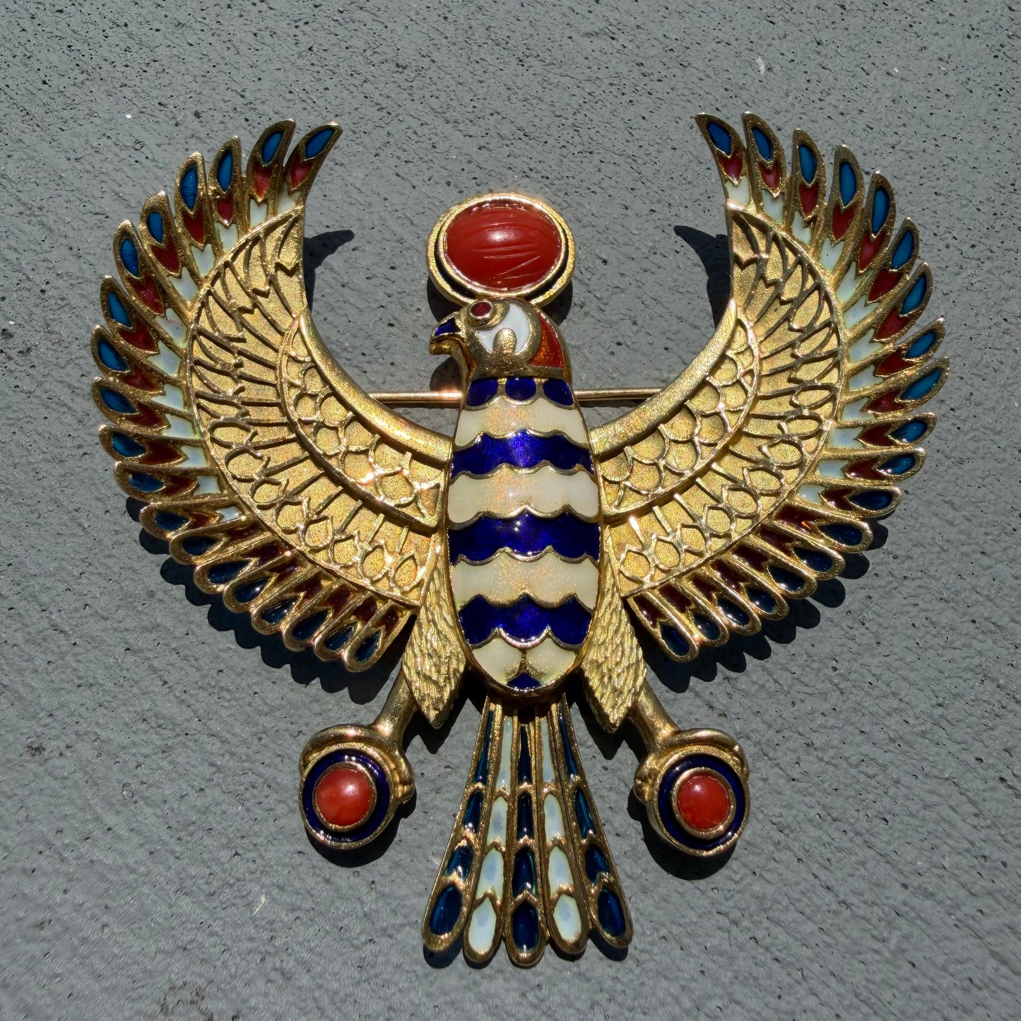 Vintage Solid 18k Yellow Gold Plique-à-Jour Large Egyptian Revival Horus Falcon Pendant/Brooch