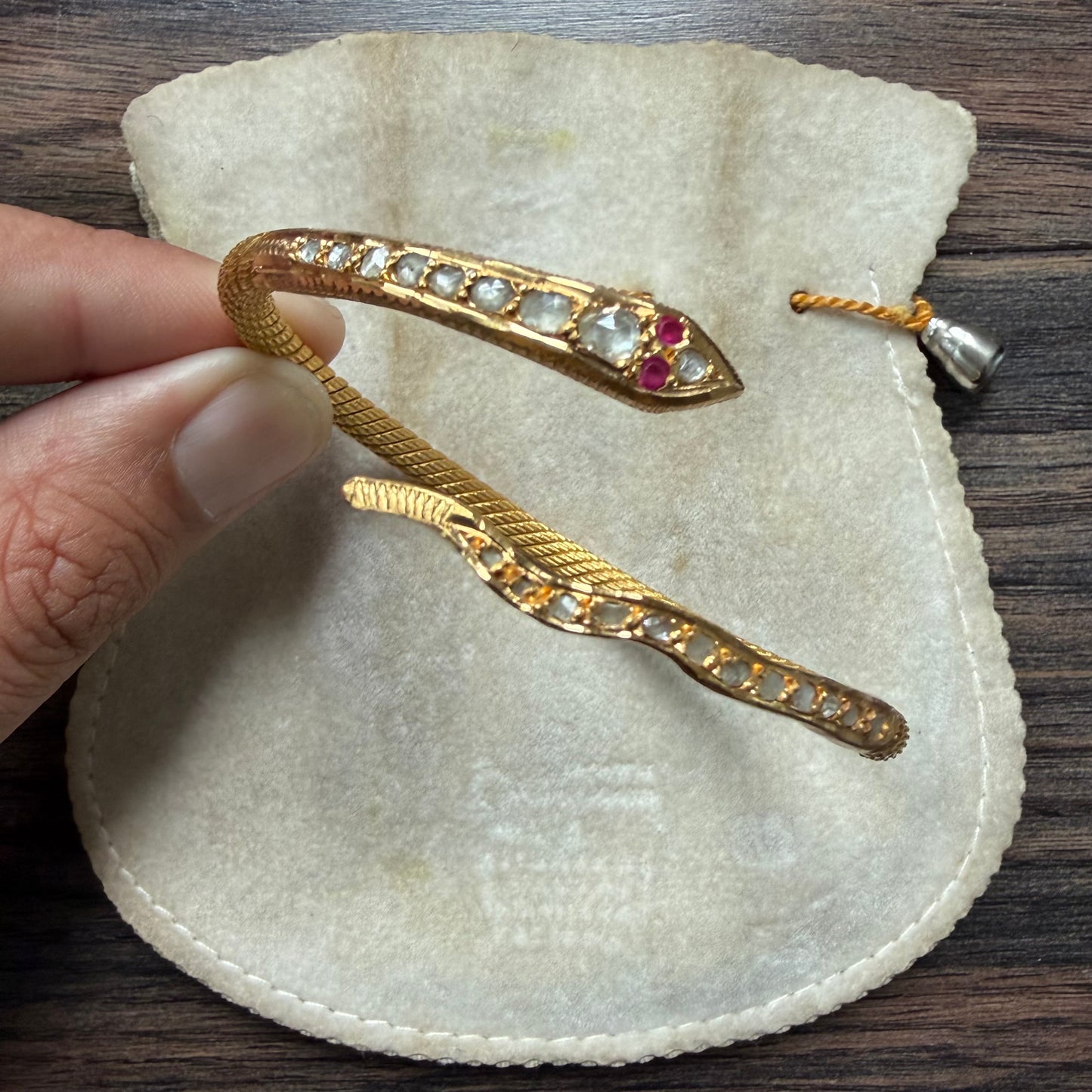 Antique Egyptian Solid 22.5k Yellow Gold Natural Rose Cut Diamond And Ruby Snake Bangle Bracelet (6.5”-8”)