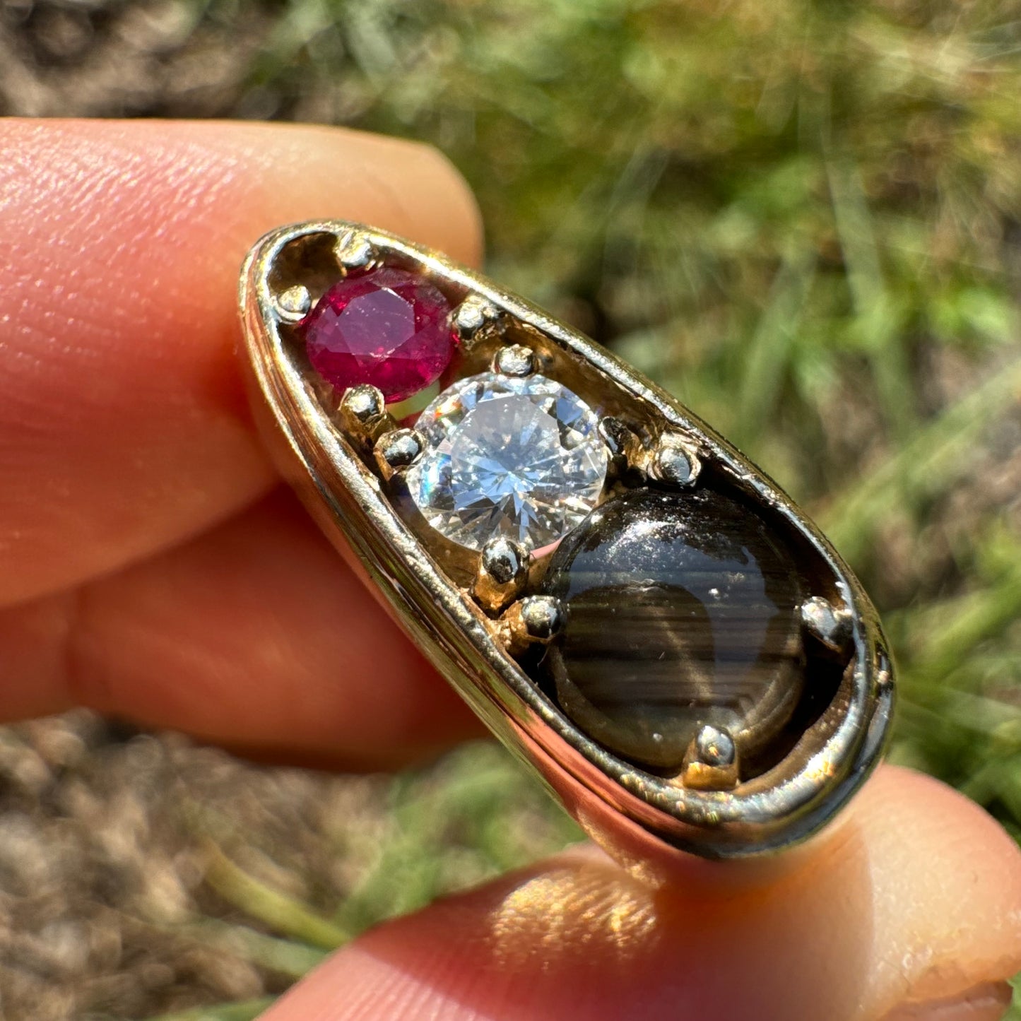 Vintage Solid 14k Yellow Gold .40ct Natutal Diamond, Ruby, Black Star Sapphire Chunky Modernist Ring (7.75)