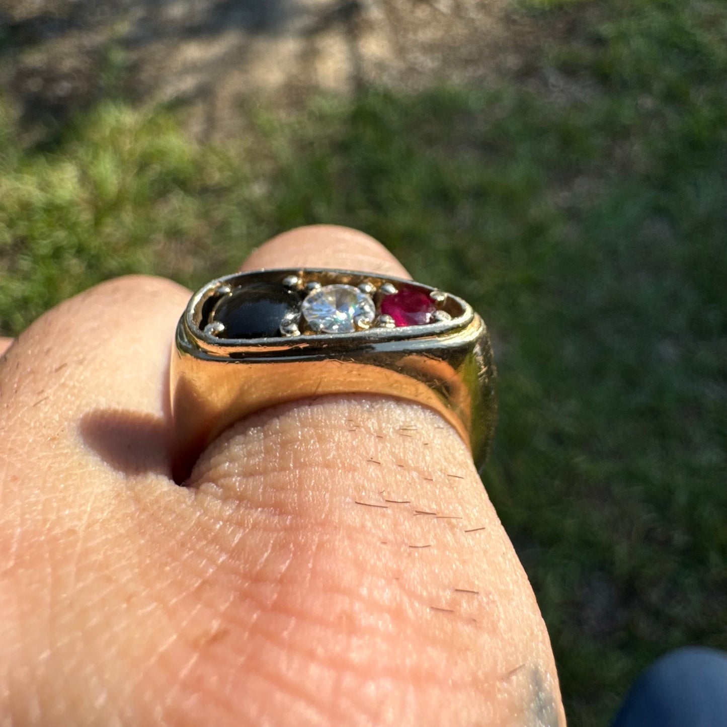 Vintage Solid 14k Yellow Gold .40ct Natutal Diamond, Ruby, Black Star Sapphire Chunky Modernist Ring (7.75)