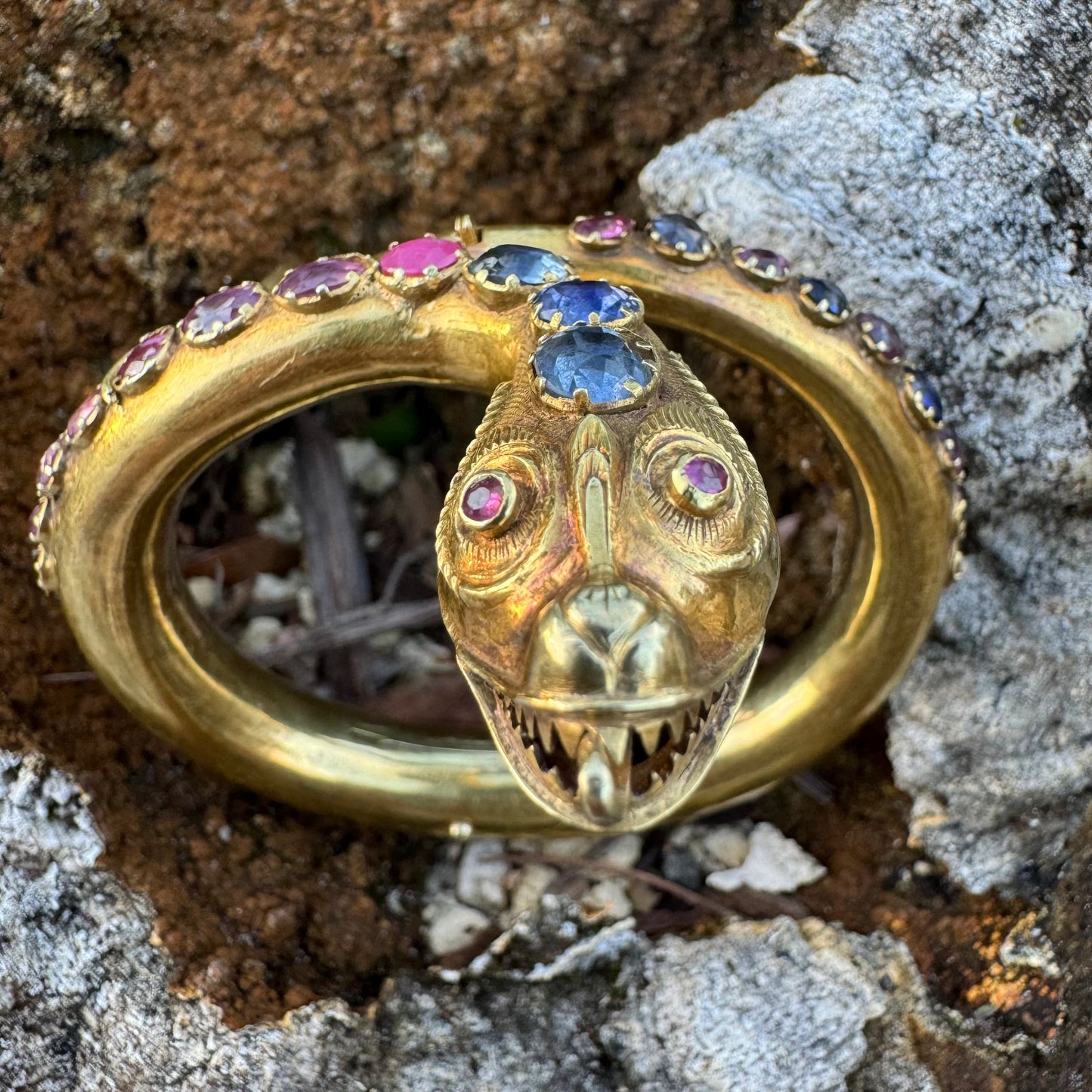 Mid 1800’s 15k Yellow Gold Blue And Pink Sapphire Encrusted Snake Bracelet (6”-7”)