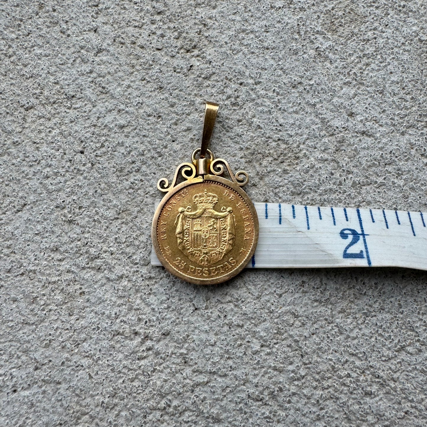 1877 $25 Pesetas Spanish Gold Coin (22k) In Original 18k Handmade Bezel Pendant