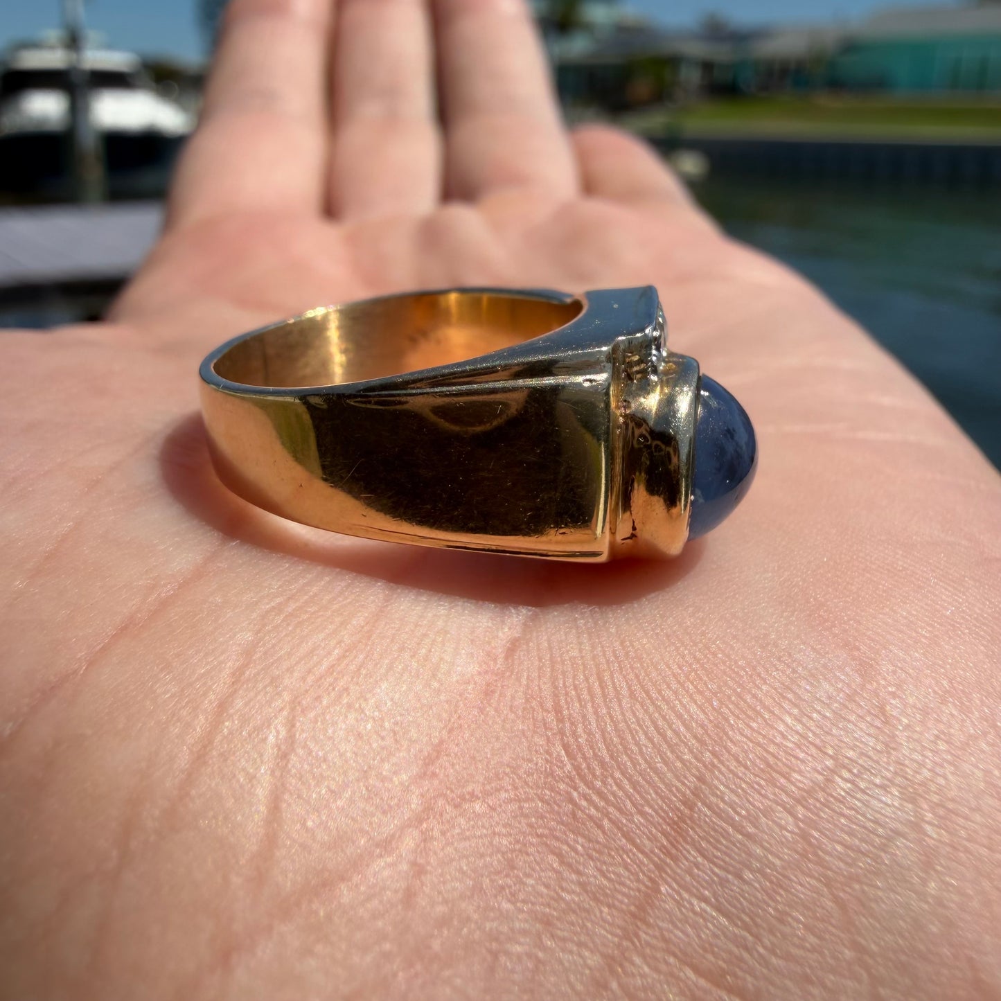 Art Deco Solid 14k Yellow Gold Natural Blue Star Sapphire Old Euro Cut Diamond Ring (8)