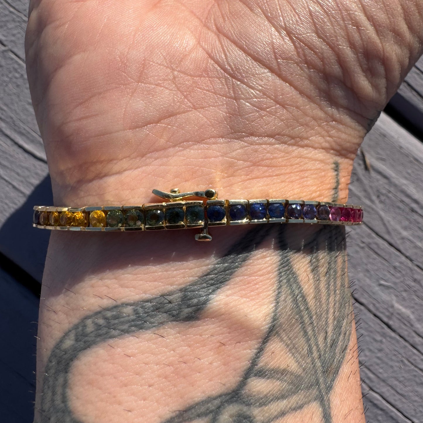 Vintage Solid 14k Yellow Gold 6.0ctw Natural Sapphire Rainbow Tennis Bracelet (7”)
