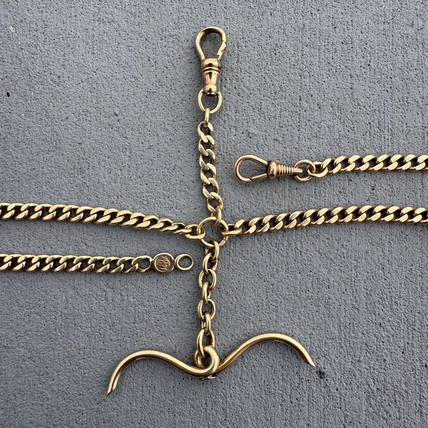 Antique Solid 14k Yellow Gold Double Dog Clip Curb Link Albert Watch Chain Necklace (21”)