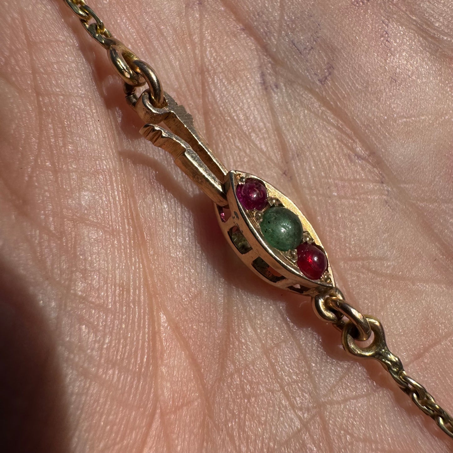 Antique Solid 14k Yellow Gold Natural Emerald And Ruby Encrusted “Biker Chain” Anchor Link Necklace (15.5”)