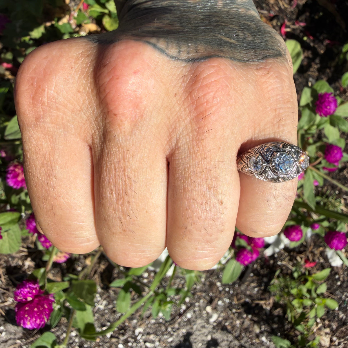 Art Deco Solid Platinum 1.0ctw Natural Old Euro Cut Diamond Trilogy Dome Ring (6.5)