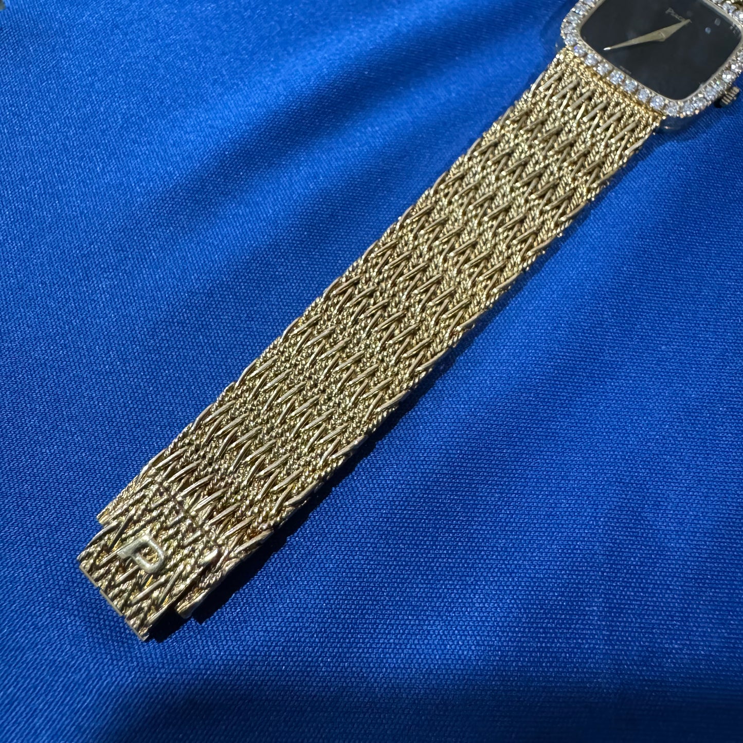 Late 1970’s/Early 1980’s Piaget Solid 18k Yellow Gold Factory Diamond Bezel Falcons Eye Stone Dial 9908 D11 Watch (7.5”)