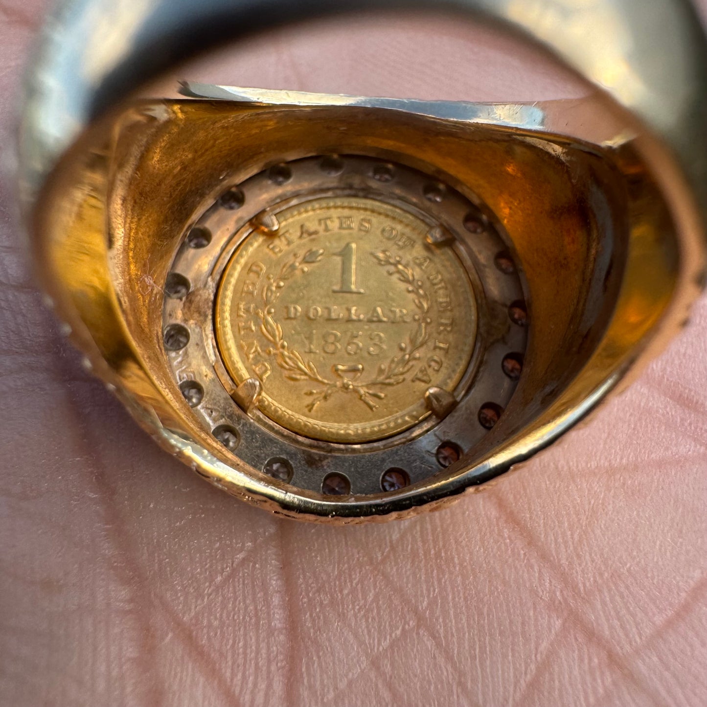 1853 $1 Gold Liberty Coin (22k) Solid 14k Yellow Gold Natural Diamond Halo Nugget Ring (7)