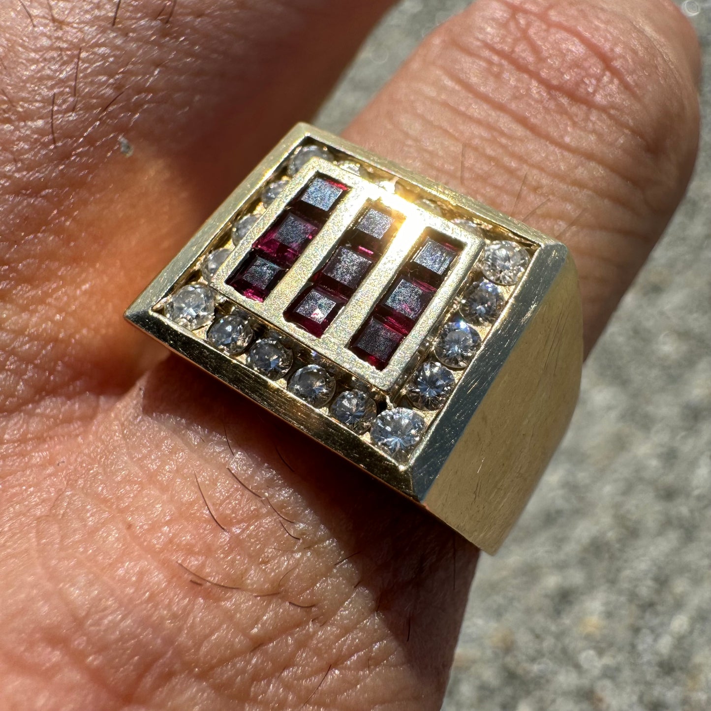 1980’s 14k Plumb Yellow Gold 1.0CTW Natural Diamond & .50CTW Ruby Signet Ring (10)