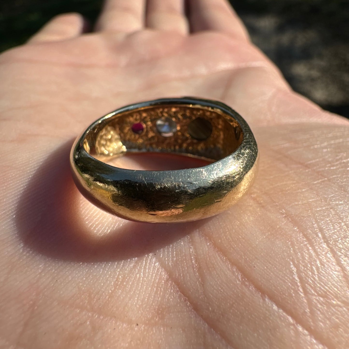 Vintage Solid 14k Yellow Gold .40ct Natutal Diamond, Ruby, Black Star Sapphire Chunky Modernist Ring (7.75)