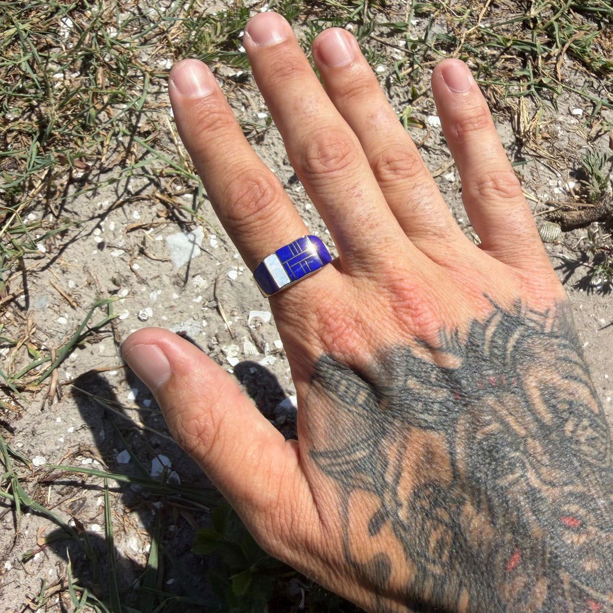 Vintage Solid 14k Yellow Gold Native Southwestern Artist Signed “Gay” Opal And Lapis Inlaid Signet Ring (10.5)