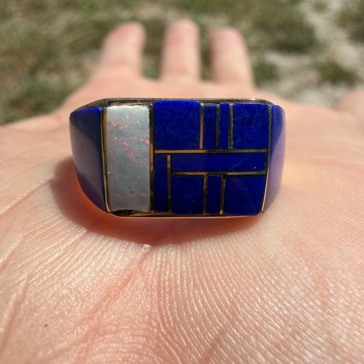 Vintage Solid 14k Yellow Gold Native Southwestern Artist Signed “Gay” Opal And Lapis Inlaid Signet Ring (10.5)