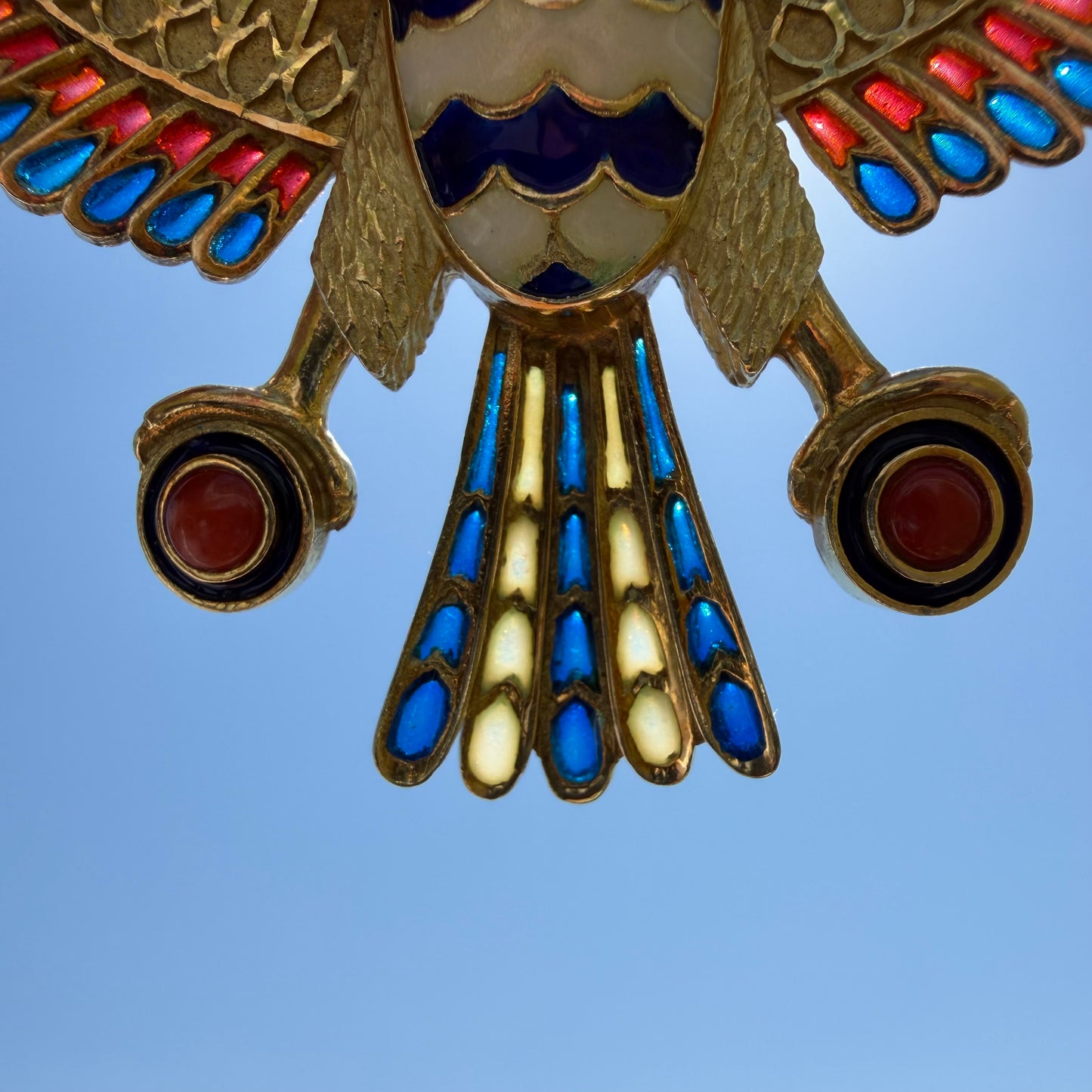 Vintage Solid 18k Yellow Gold Plique-à-Jour Large Egyptian Revival Horus Falcon Pendant/Brooch