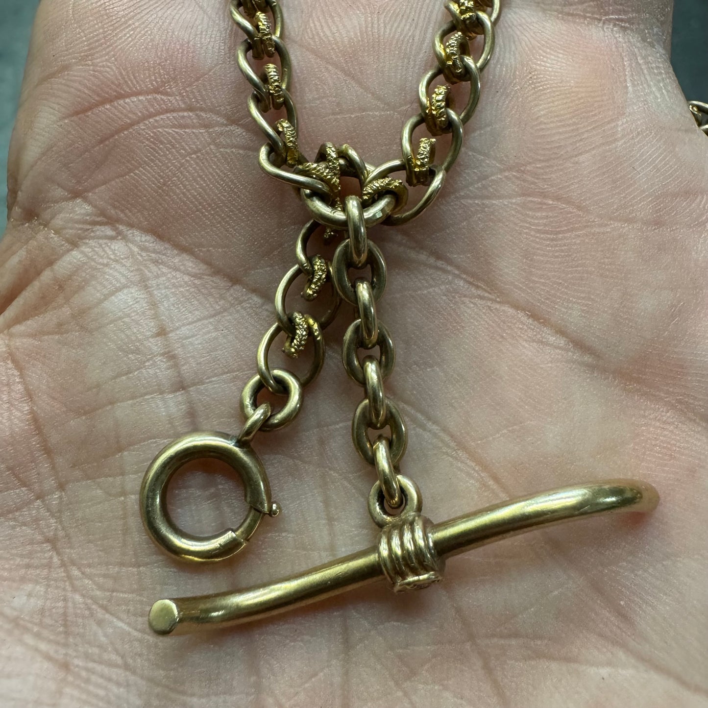 1930’s Art Deco Solid 14k Yellow Gold Double Albert Watch Chain Fancy Curb Link Necklace (19”)