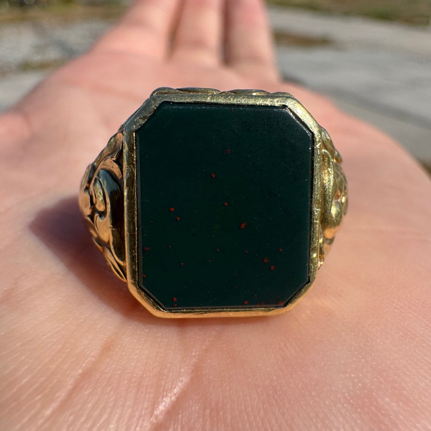 Antique Art Nouveau Solid 18k Yellow Gold Bloodstone Signet Ring (10)