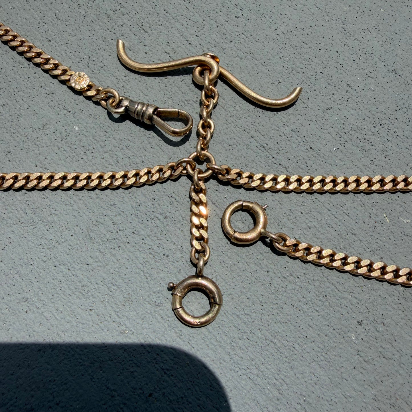 1917 Solid 14k Yellow Gold Double Albert Curb Link Watch Chain Necklace (22.5”)