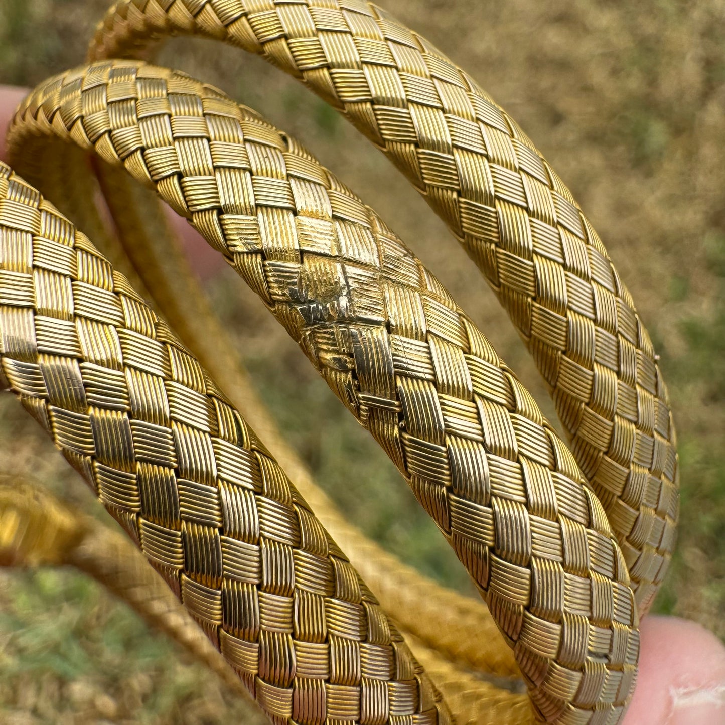 Circa 1840’s Early Victorian 19.7k Yellow Gold Woven Flexible Snake Band (24”)