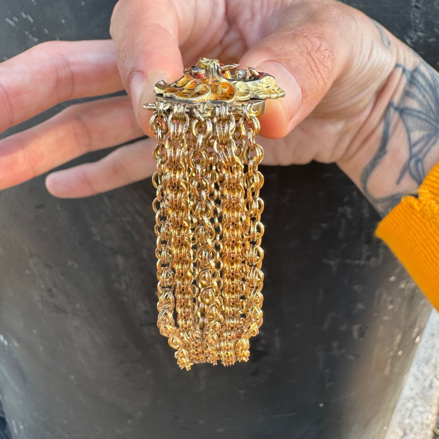 Art Nouveau Solid 14k Yellow Gold Natural Old Mine Cut Diamond Enameled Tiger Bracelet (6.25”)
