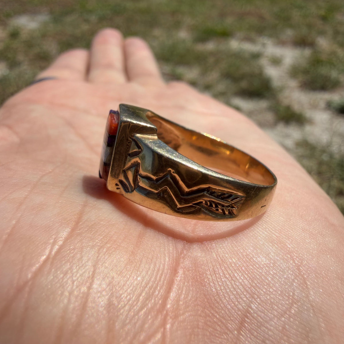 Vintage Native Southwestern Solid 14k Yellow Gold Multi-Stone Inlaid New Mexico State Ring (10)