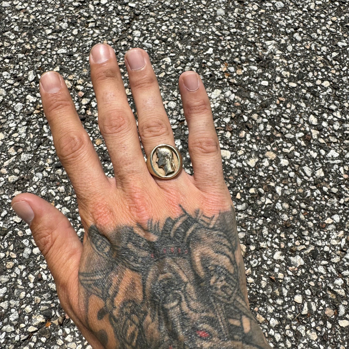 Mid-Century 14k Yellow Gold Natural Diamond Julius Caesar Mafioso Style Signet Ring (8.5)