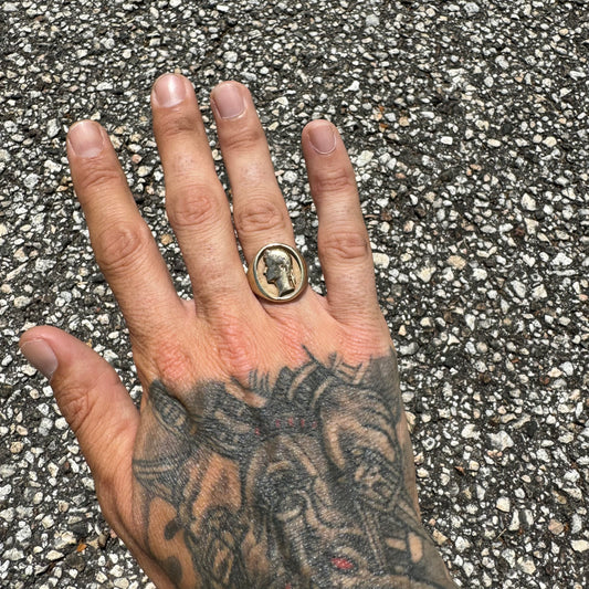 Mid-Century 14k Yellow Gold Natural Diamond Julius Caesar Mafioso Style Signet Ring (8.5)