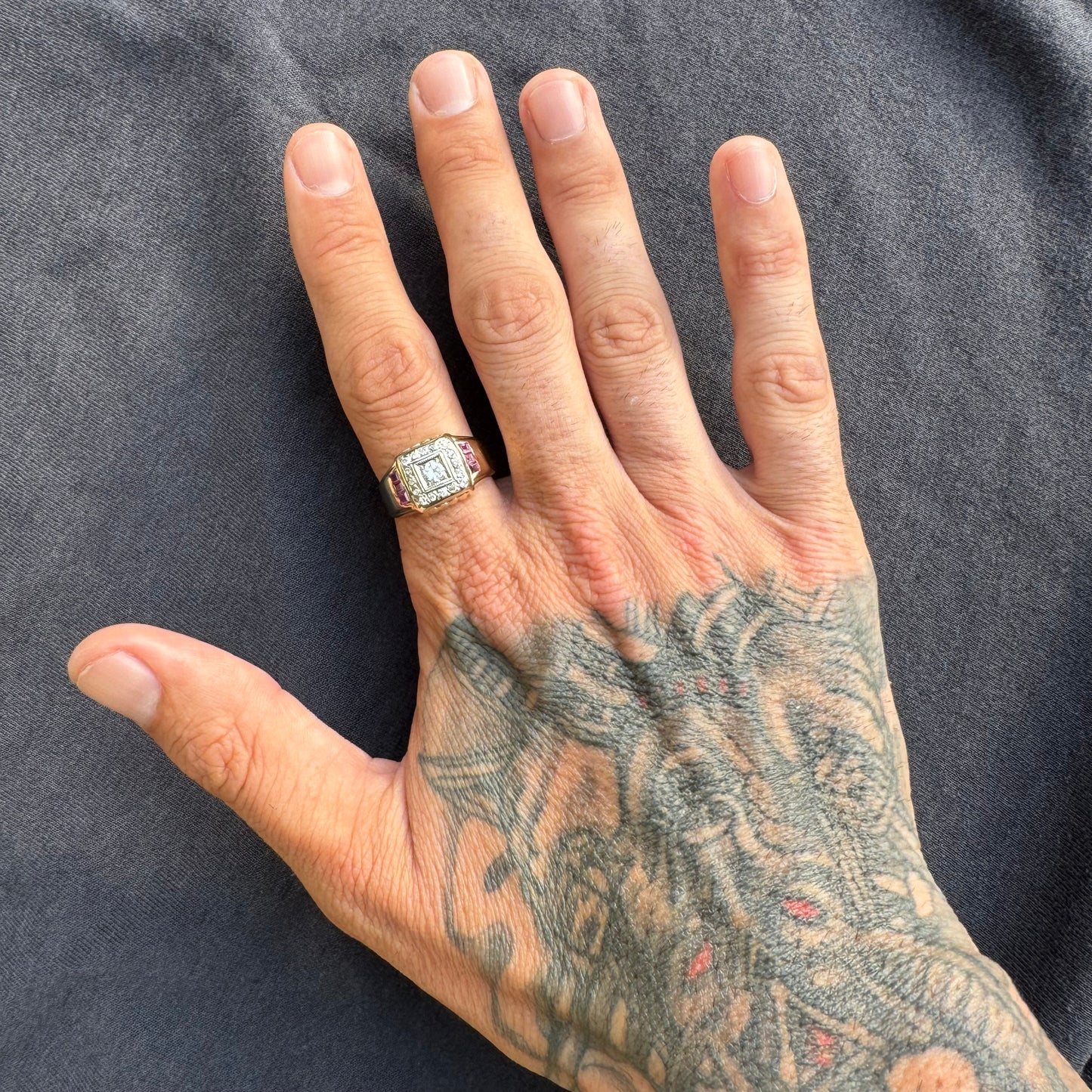 Mid Century Natural VS Quality Diamond And Ruby Mafioso Gents Ring (10.5)