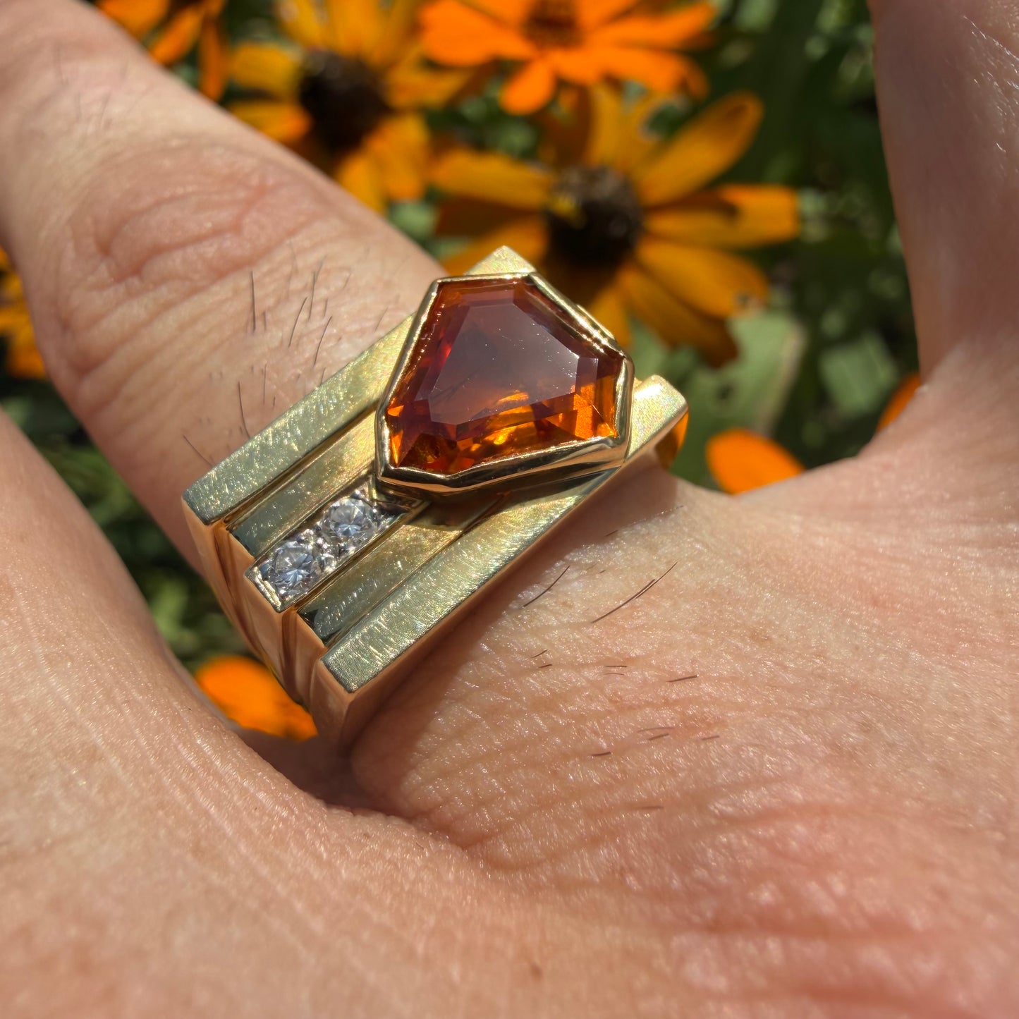 Vintage Solid 18k Yellow Gold Shield Cut Orange Sapphire And Diamond Signet Ring (8.25)
