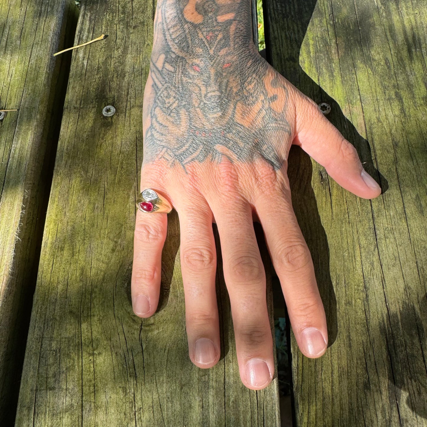 Vintage 14k Yellow Gold Tony Soprano Natural Diamond & Rhodolite Garnet Pinky Ring