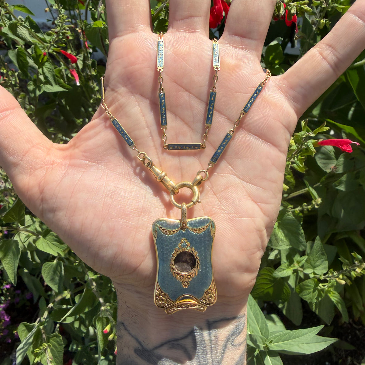 Victorian French 18k Yellow Gold Guilloche Enameled Watch Chain Cigar Cutter Fob Necklace Set (14”)