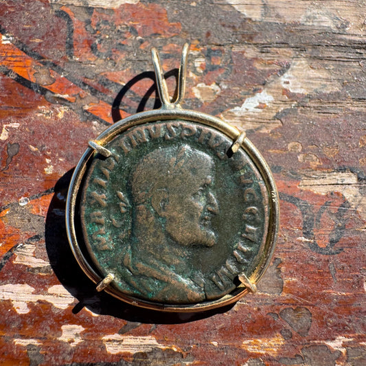 235 A.D Maximinus Thrax Bronze Roman Coin Solid 14k Yellow Gold Pendant