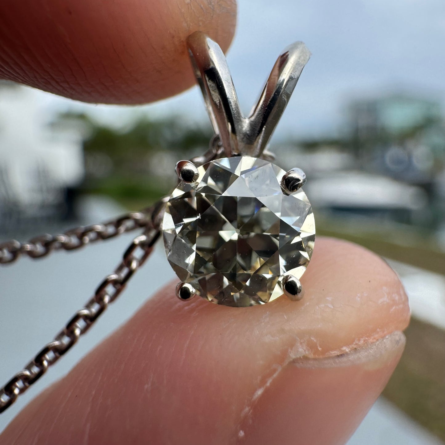 Antique 1.0ct Old Euro Cut Natural Diamond Solitaire Solid 14k White Gold Necklace (18”)