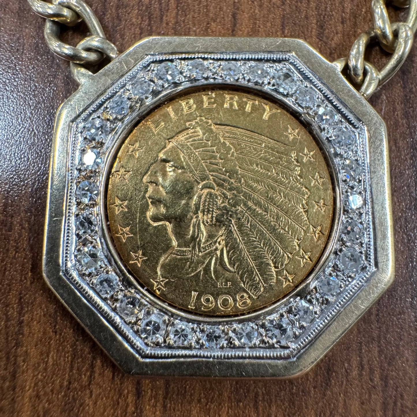 1908 $2.5 Gold Indian Head Coin Natural Diamond Curb Link Necklace (16”)